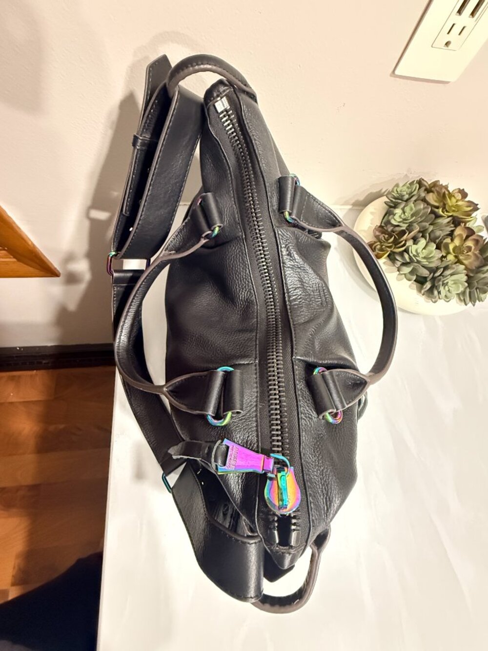 Convertible Slouchy Pebbled Black Leather Satchel Shoulder Bag Iridescent - Picture 10 of 13
